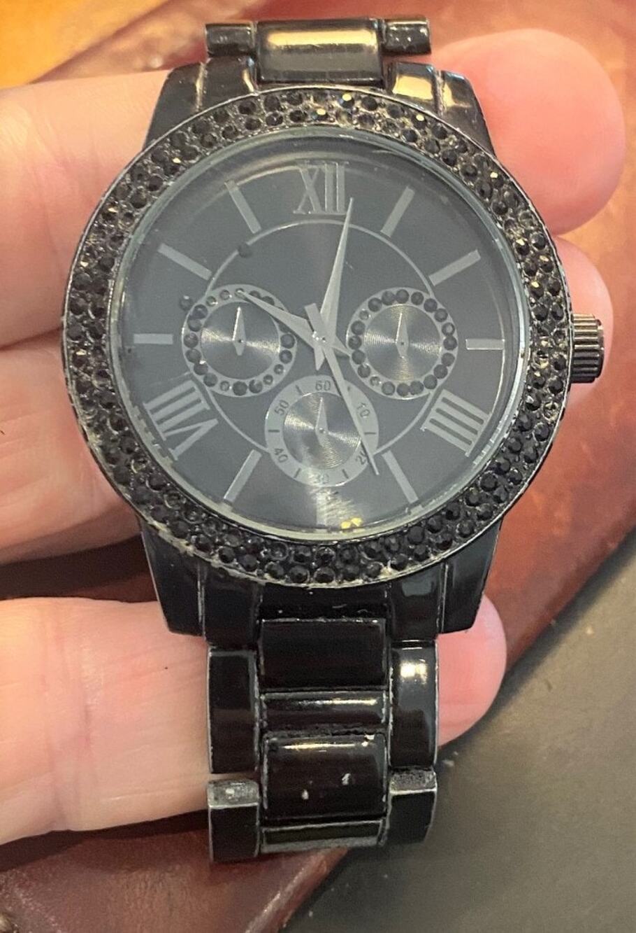 Women's Gun Metal Tone Aldo Watch, Black Crystal Accents
